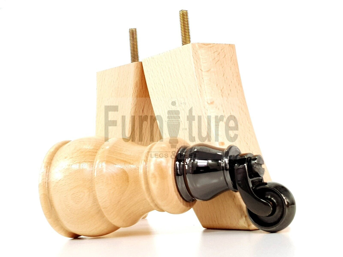 2 Wooden Castor Furniture Sofa Legs & 2 Curved Back Feet  Natural M8 Chair Settee Feet 160mm High