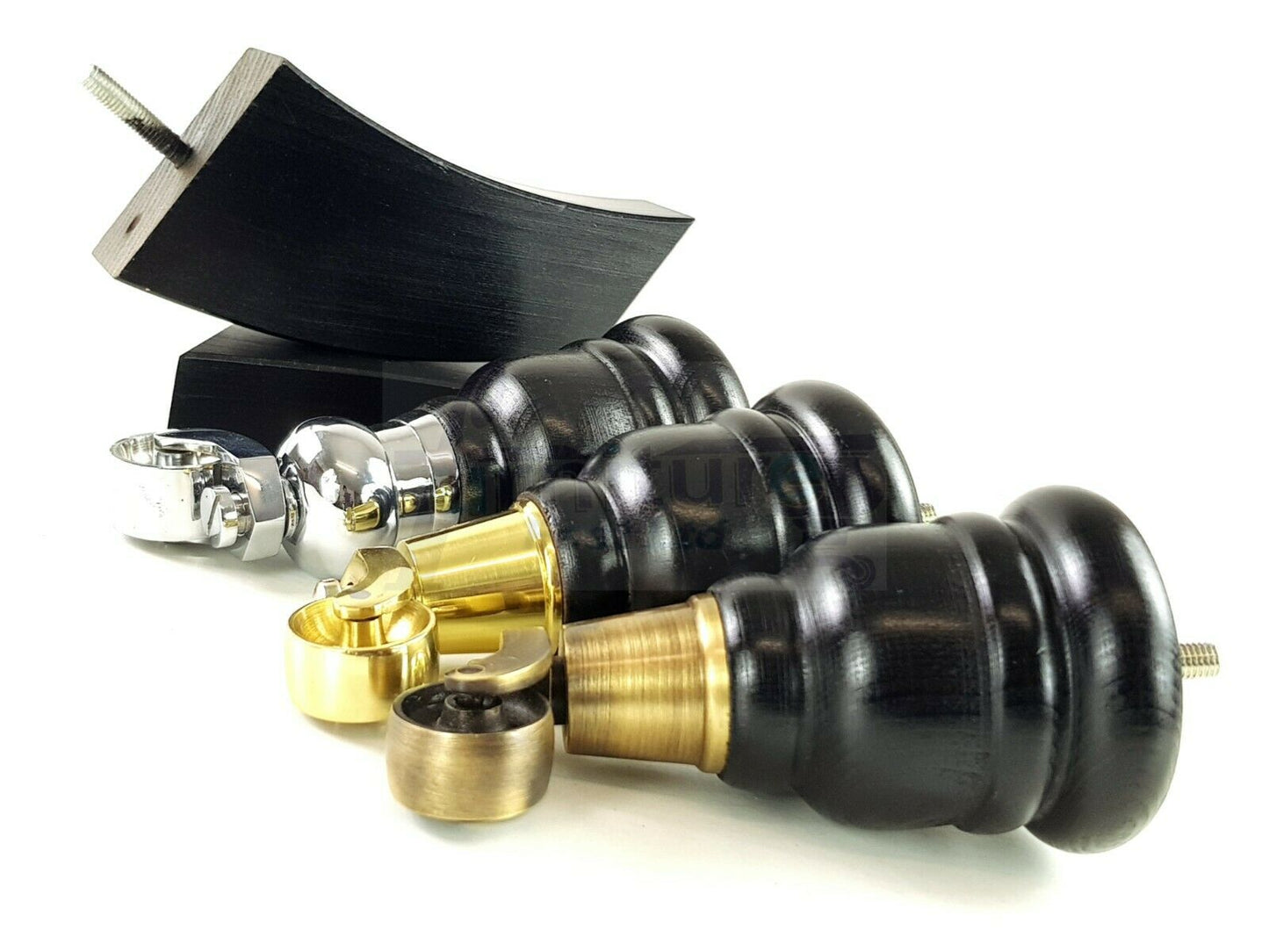 Black Turned Wood Furniture Feet 2 With Castors 155mm and 2 Curved Back Legs Sofas Chairs Stools Cabinets Beds M8 6 Inches