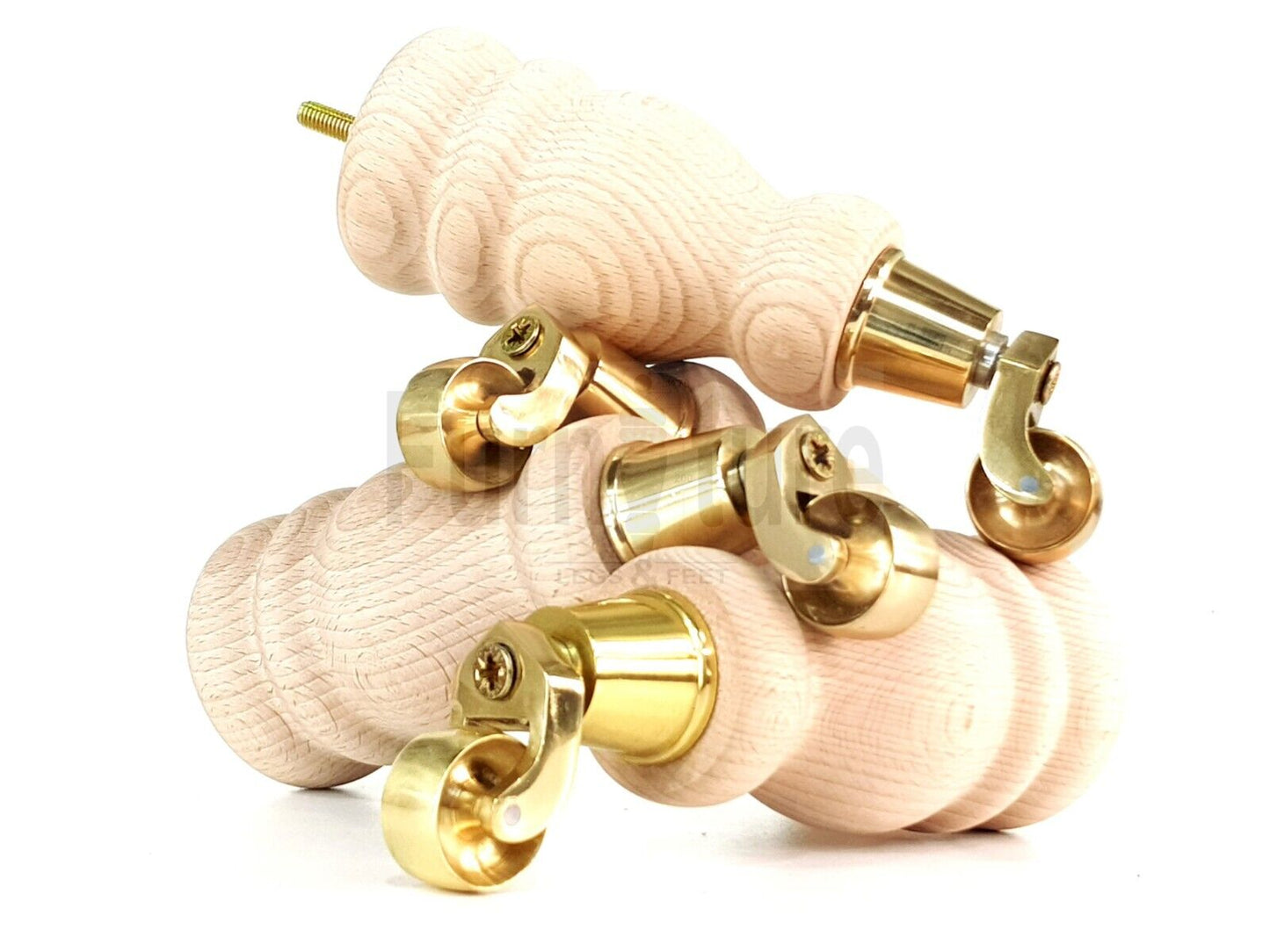 Set Of 4 Wooden Turned Replacement Furniture Legs 200mm High With Brass Castor Wheels 8mm Thread
