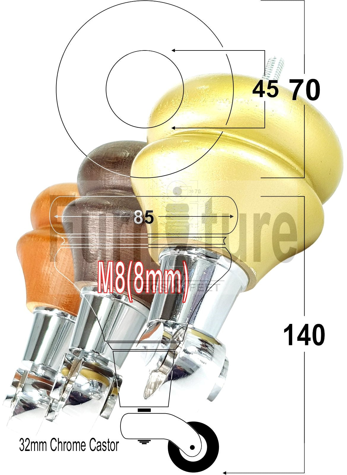 Set Of 4 Turned Furniture Wood Feet With Chrome Castors 140mm Sofas Chairs Settee Cabinets Beds M8(8mm)