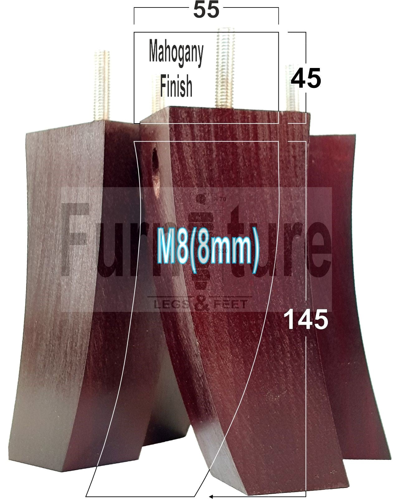 Set Of 4 Solid Wood Curved Furniture Feet Replacement Legs 145mm High M8(8mm)