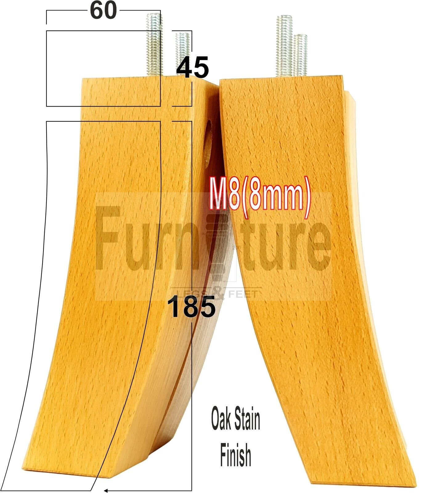 Set Of 4 Solid Wood Curved Furniture Feet Replacement Legs 185mm High M8(8mm)
