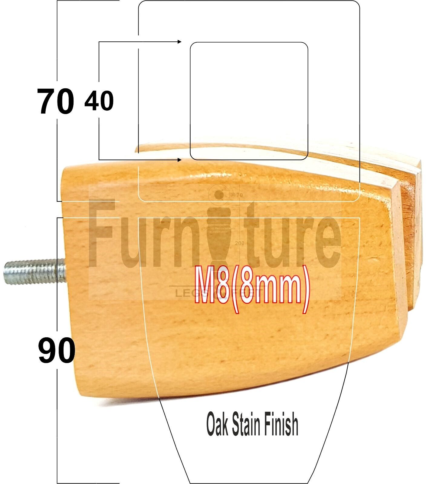 Set Of 4 Solid Wooden Block Furniture Feet Replacement Legs 90mm High M8(8mm)