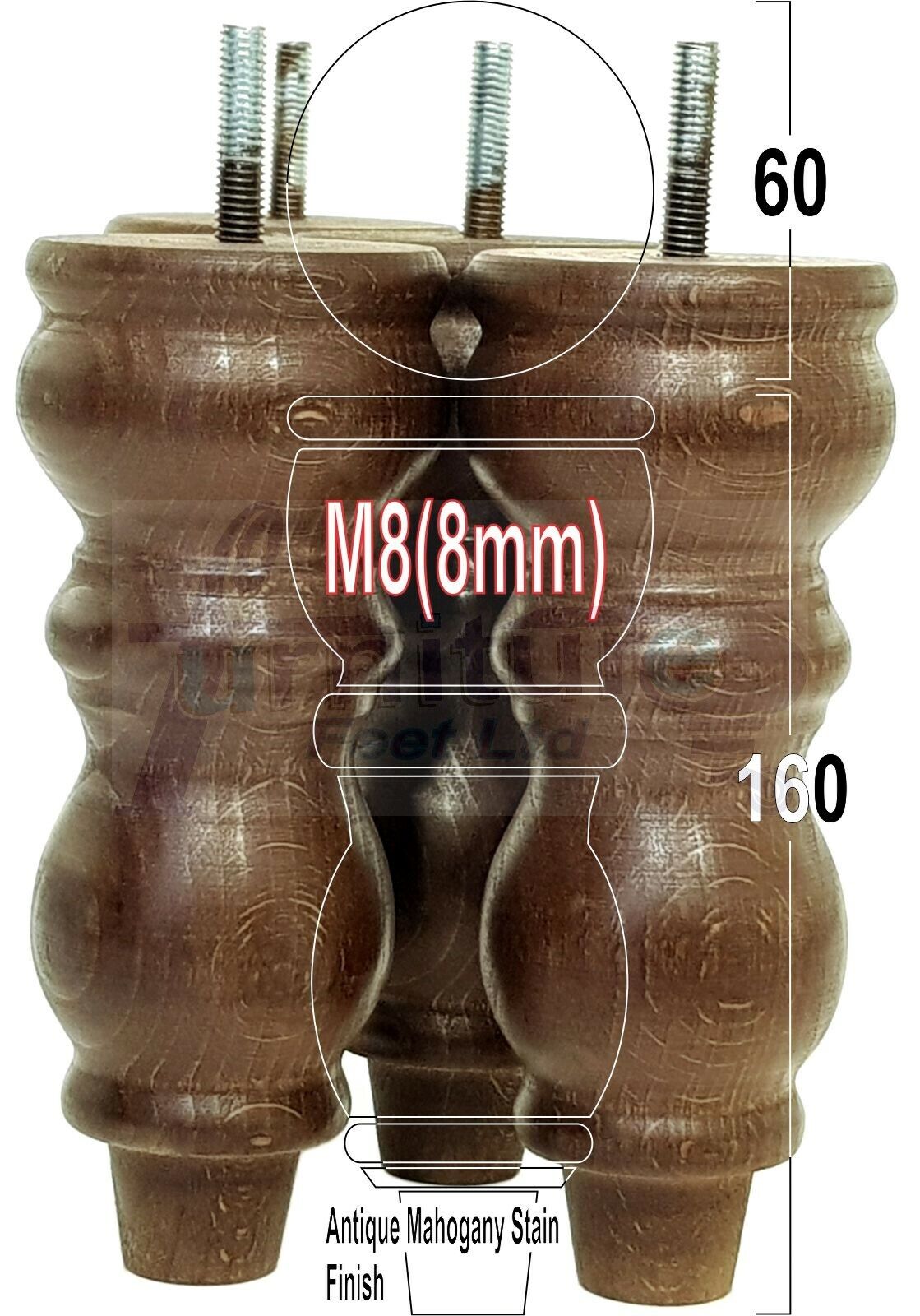 Solid Wood Furniture Feet Set of 4 Legs 160mm High For Sofas Chairs Stools Cabinets & Beds M8