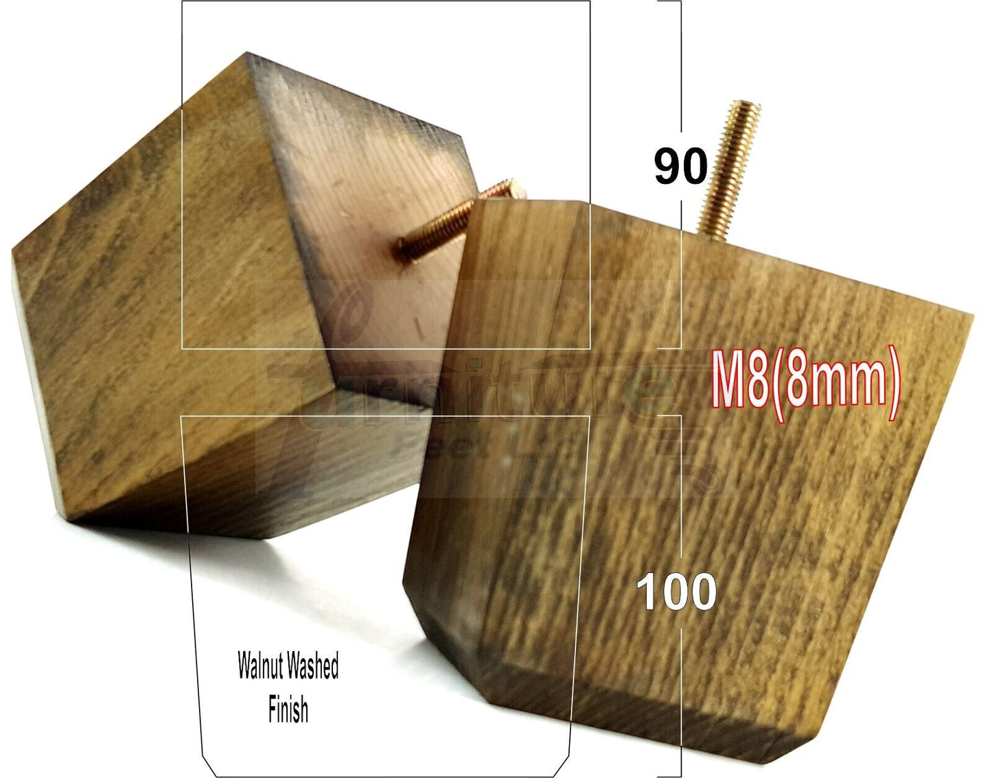 4x Solid Wood Square Furniture Legs Block Replacement Feet 100mm M8(8mm)