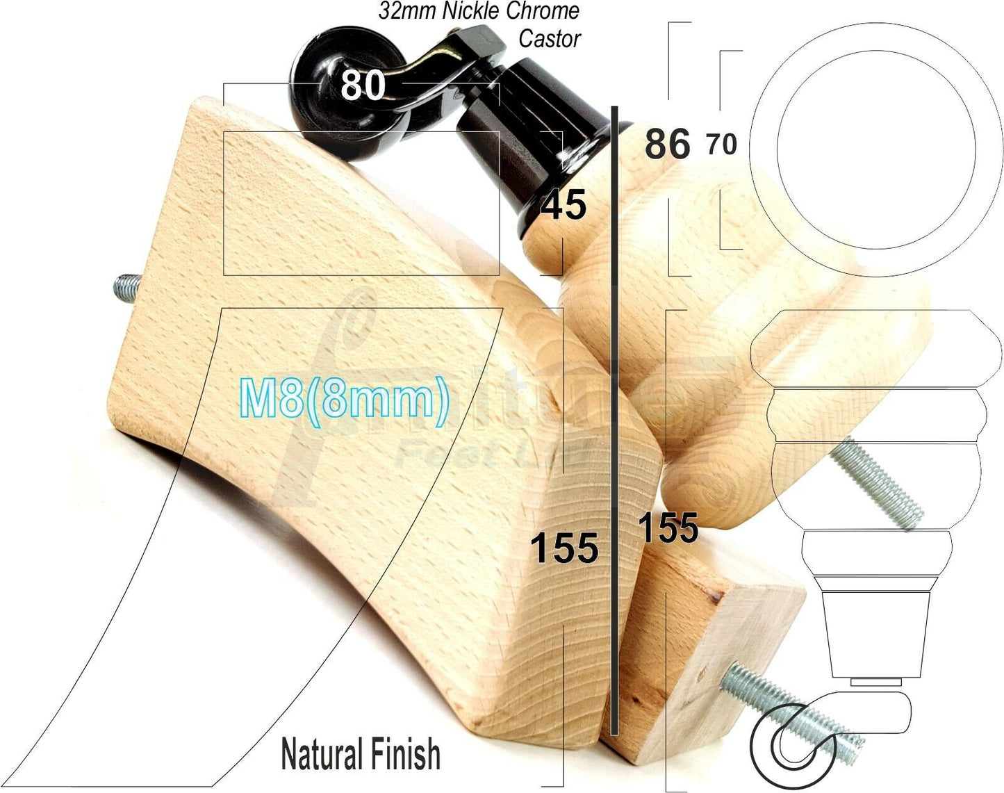 Turned Natural Wood Furniture Feet 2 With Castors 155mm and 2 Curved Back Legs Sofas Chairs Stools Cabinets Beds M8 6 Inches