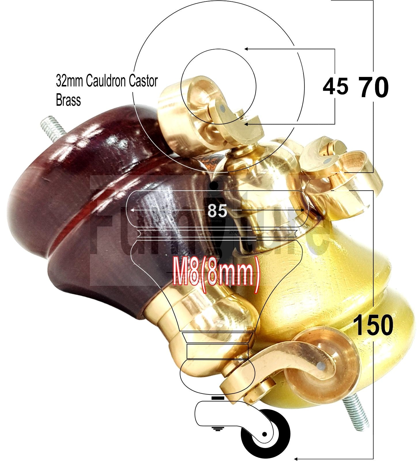 Set Of 4 Turned Furniture Wood Feet With Brass Castors 150mm Sofas Chairs Settee Cabinets Beds M8(8mm)
