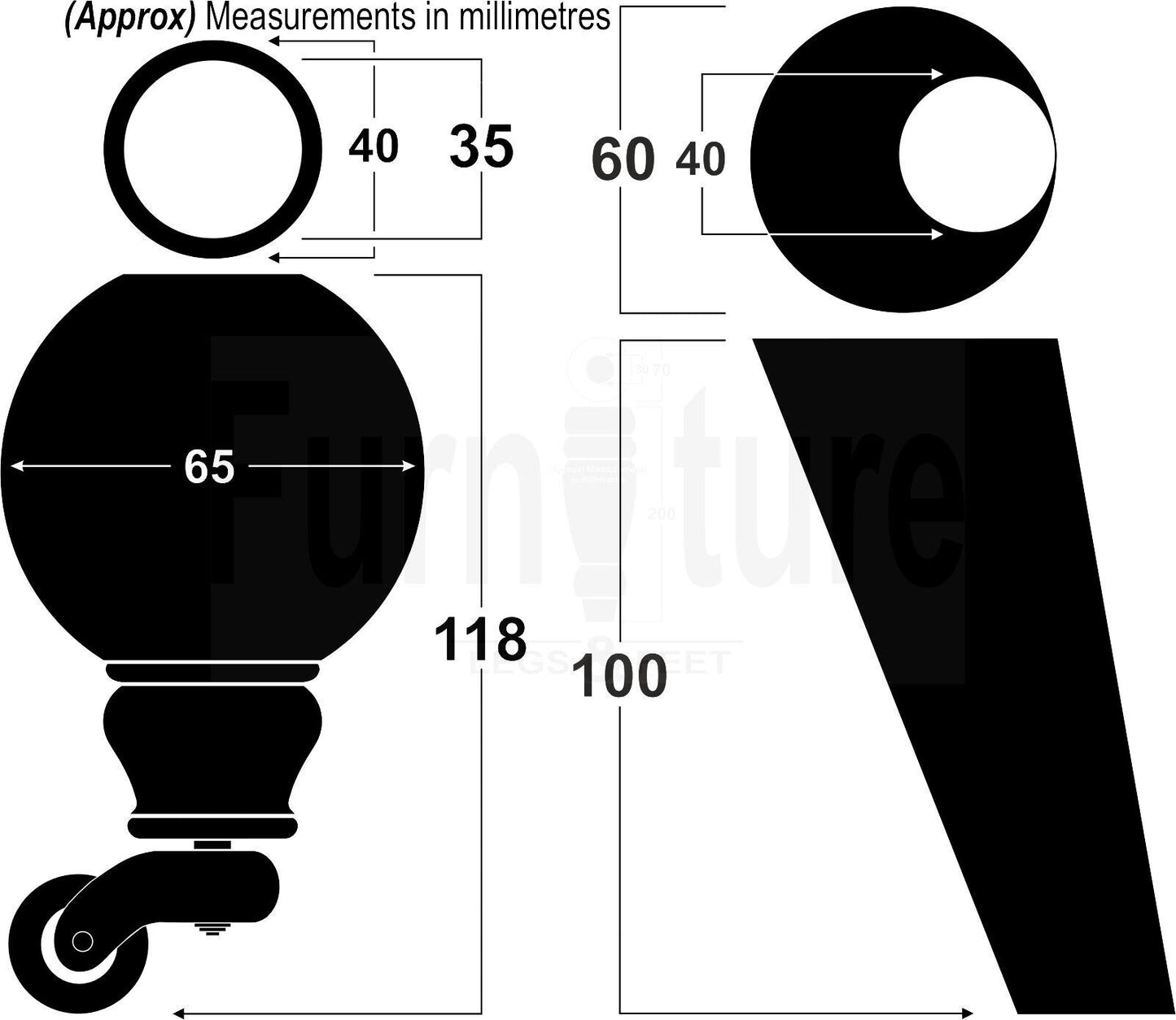 4x Turned Wood Furniture Chair Settee Legs M8 Sofa Feet 2x With Castors 118mm