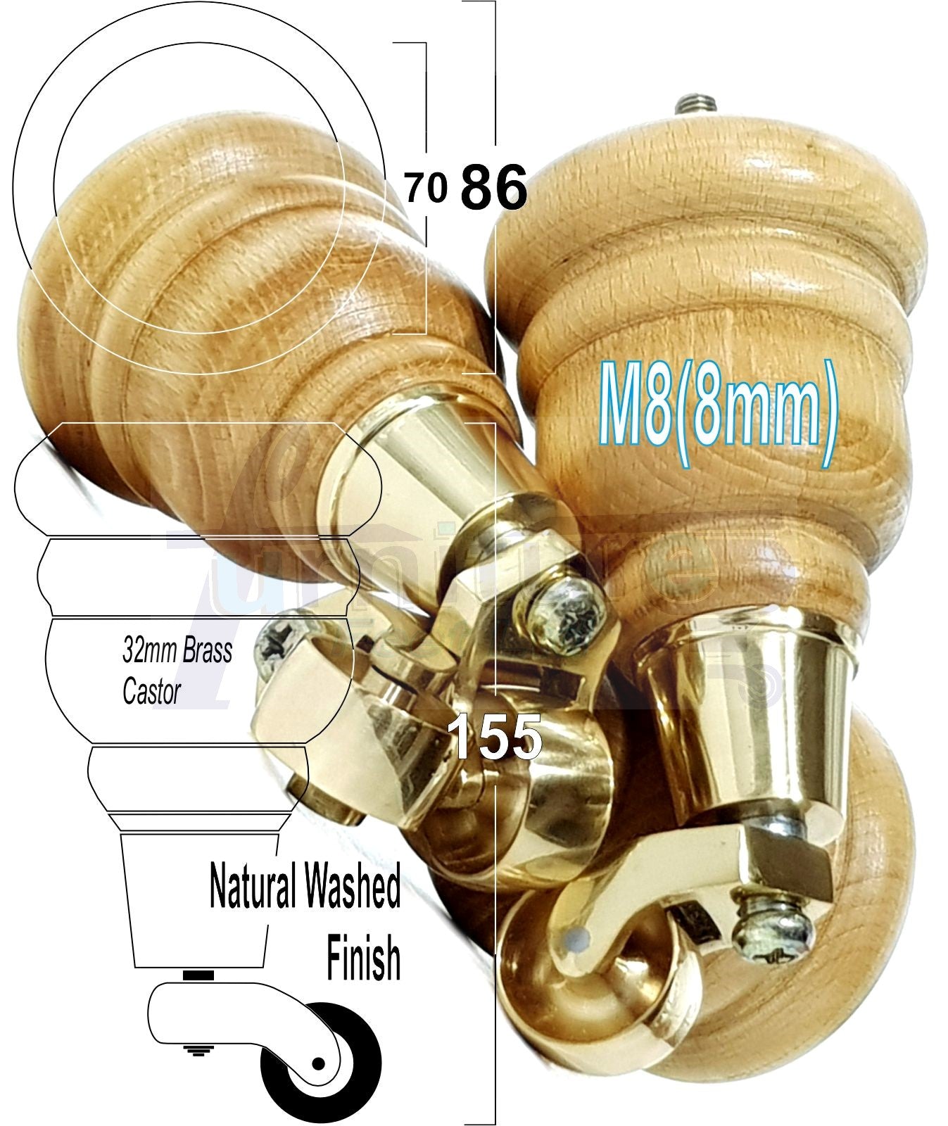 4 Turned Wood Furniture Feet With Brass Castors 155mm Legs Sofas Chairs Stools Cabinets Beds M8 6 Inches