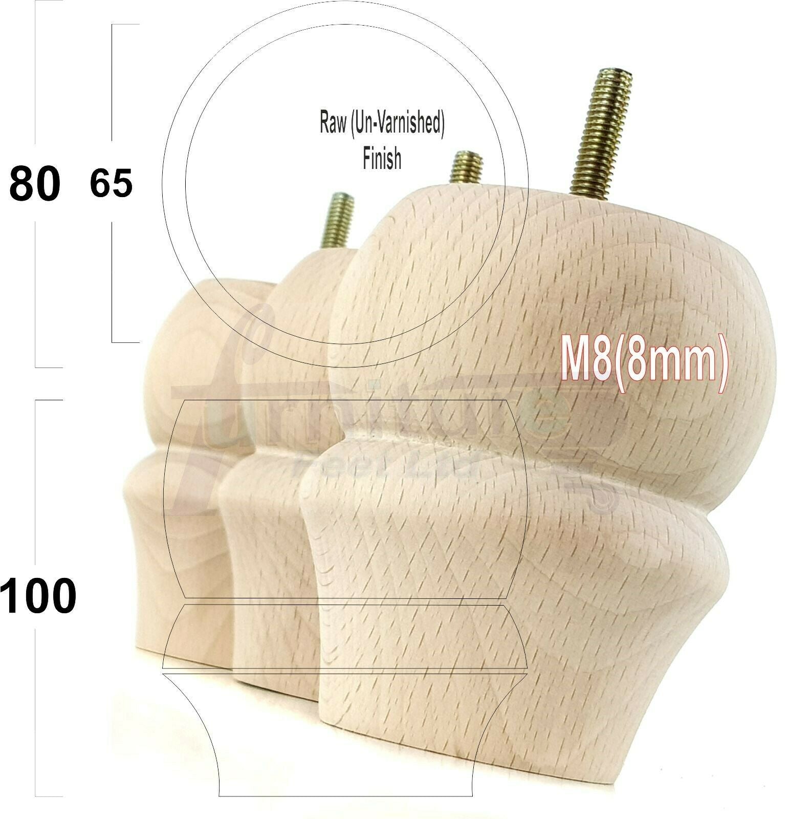 Set Of 4 Solid Wood Turned Furniture Legs Replacement Bun Feet 100mm High 8mm Thread  