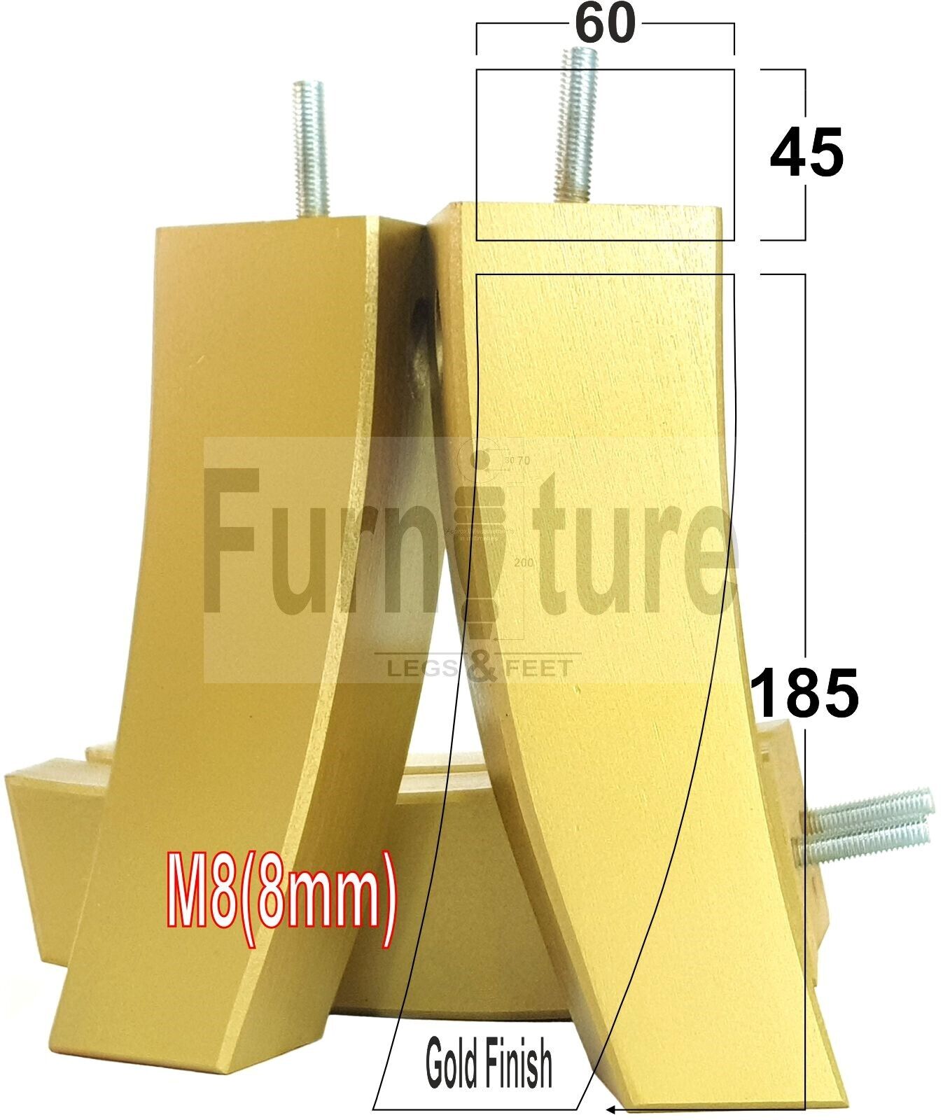 Set Of 4 Solid Wood Curved Furniture Feet Replacement Legs 185mm High M8(8mm)
