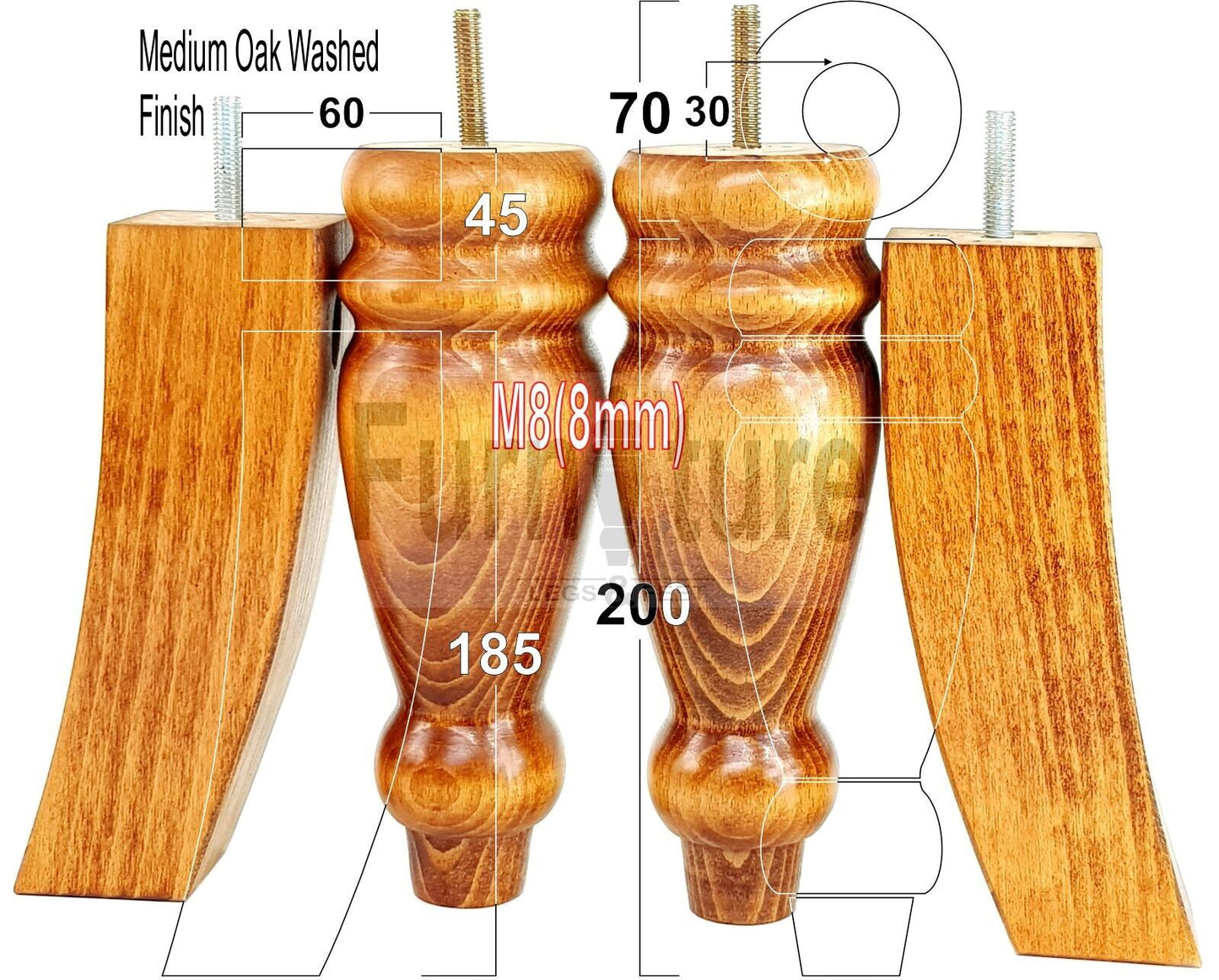 2 Traditional Turned Furniture Feet Replacement Sofa Legs 200mm & 2 Curved Back Legs 185mm for Chairs Stools Sofa Beds Settee Cabinets M8