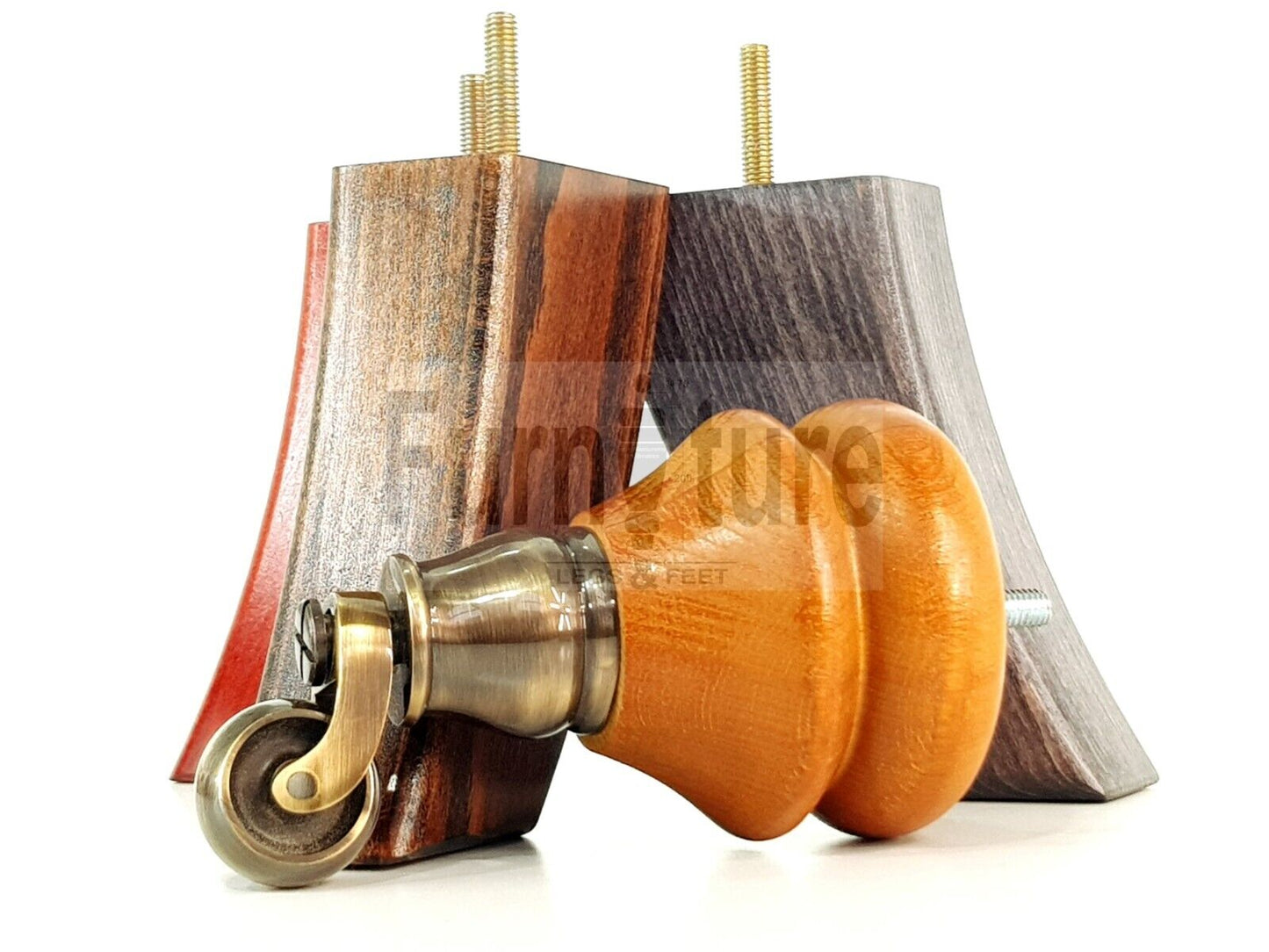 Turned Wood Furniture Feet 2 With Antique Brass Castors 140mm & 2 Curved Back Legs Sofas Chairs Beds 8mm