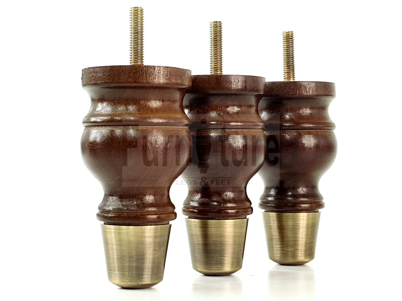 4x Turned Wooden Furniture Leg Antique Brass Slipper Cup Sofa, Chair Feet 110mm High M8