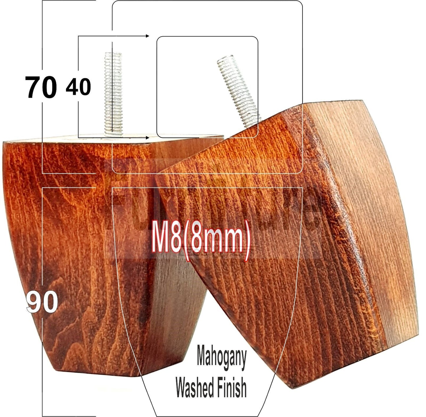 Set Of 4 Solid Wooden Block Furniture Feet Replacement Legs 90mm High M8(8mm)