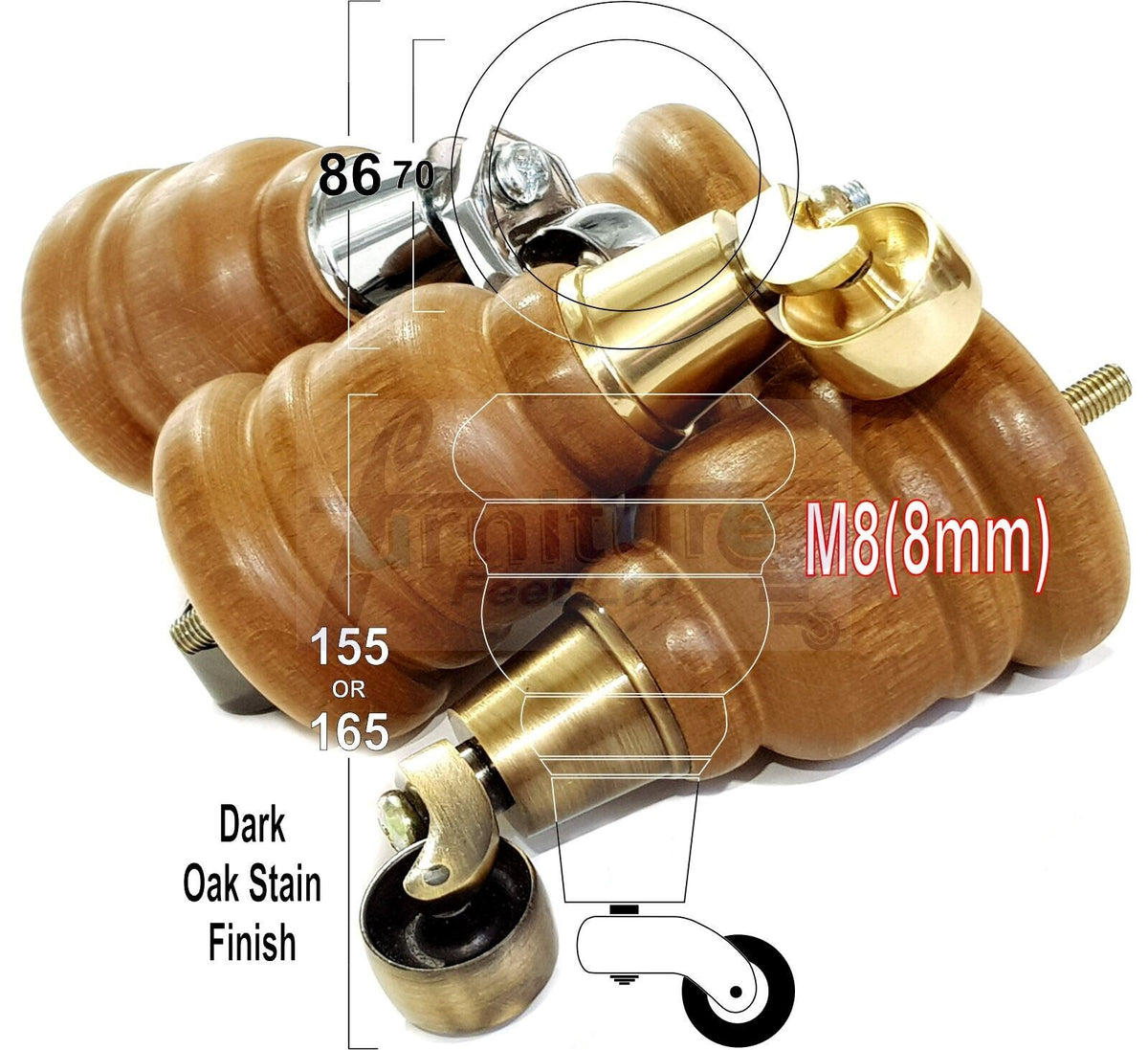 4 Turned Wood Dark Oak Stain Furniture Replacement Legs with Castors 155mm Legs M8 Fitting