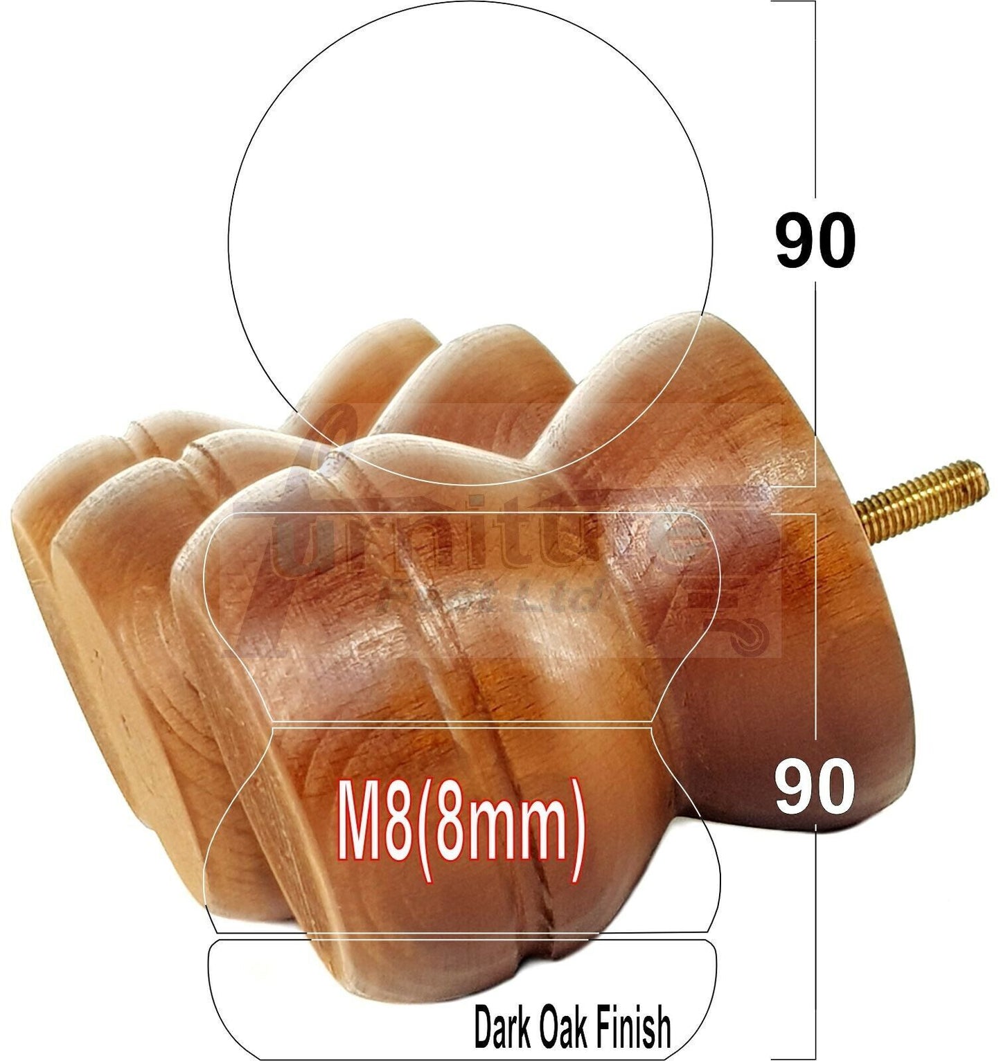 4x Turned Solid Wood Furniture Legs Replacement Bun Feet 90mm High 8mm Thread