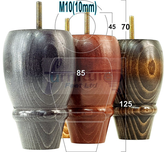 4x Wooden Turned Replacement Furniture Legs 125mm High Settee and Cabinet Feet 10mm Thread
