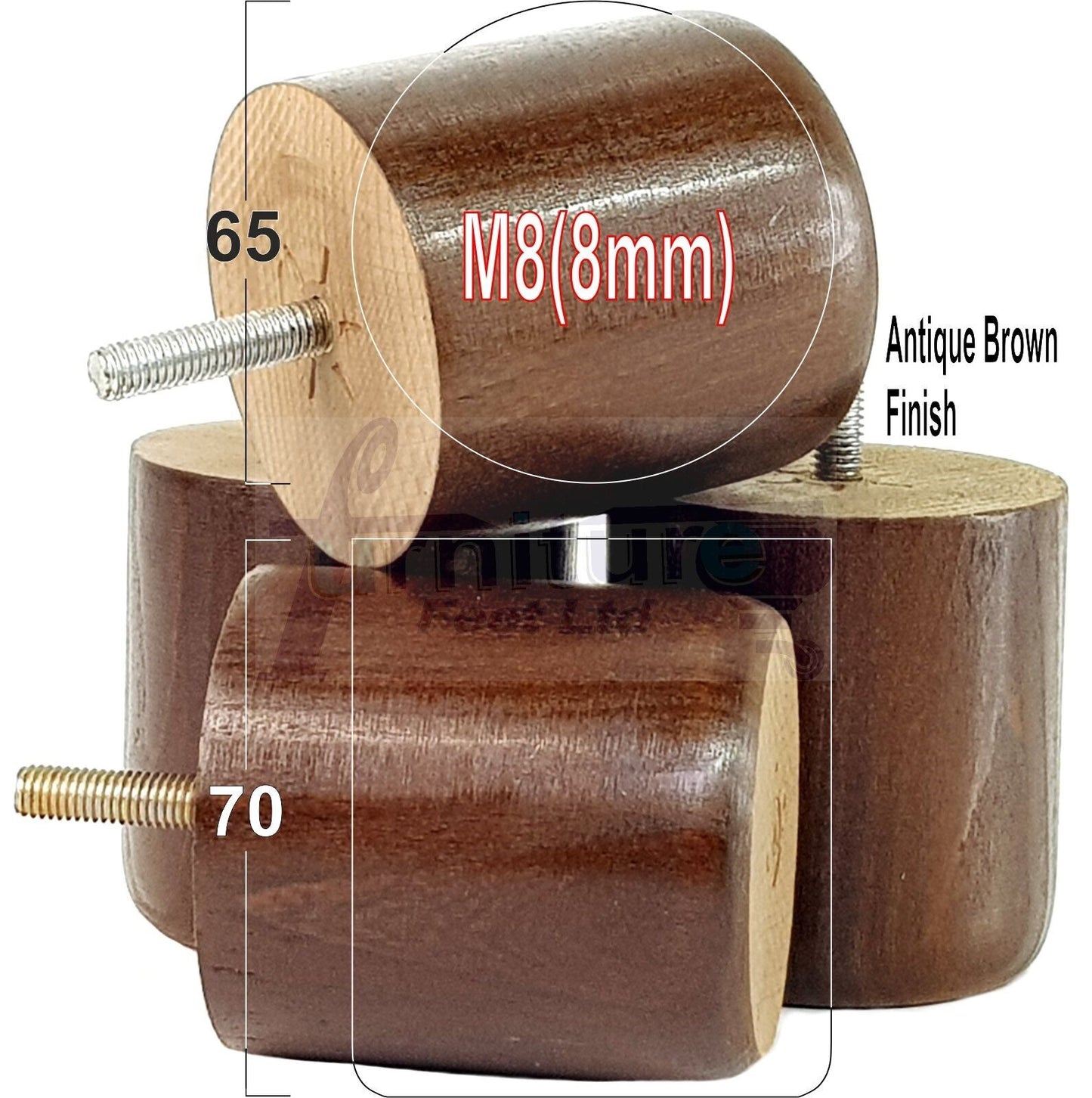 4x Solid Wood Turned Furniture Legs Replacement Bun Feet 70mm High 8mm Thread