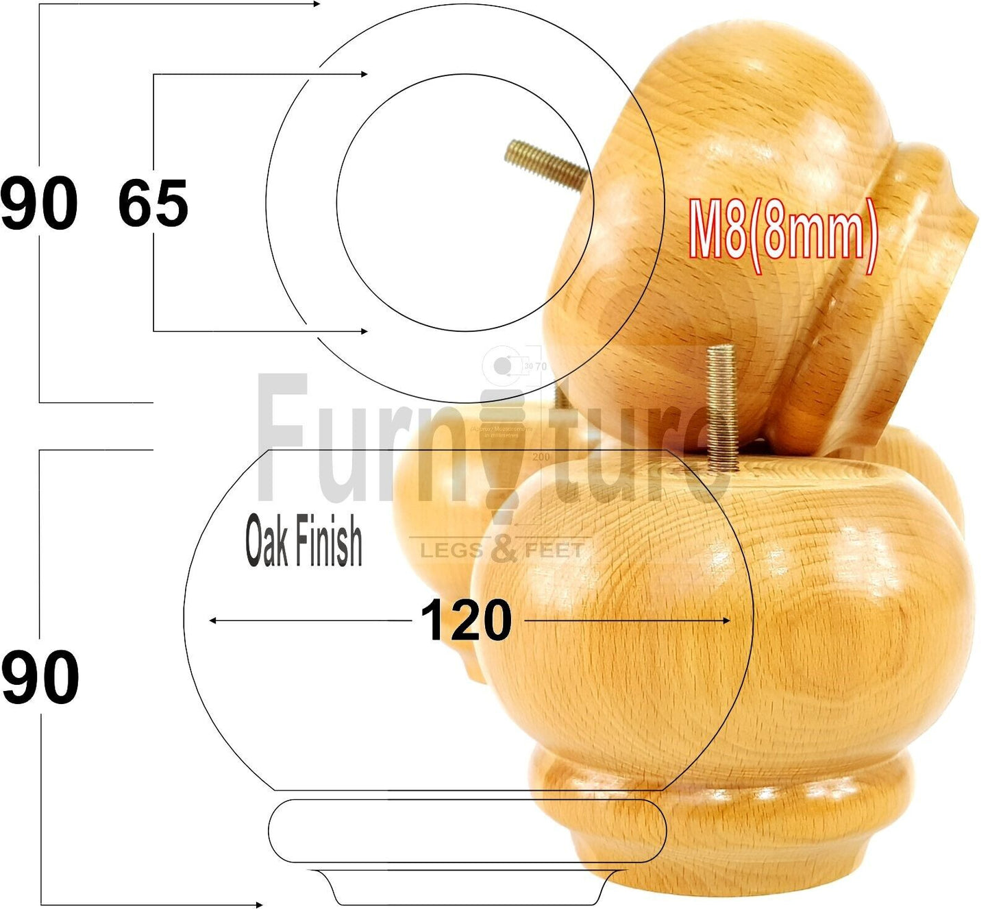 Set Of 4 Turned Wooden Furniture Legs Replacement Feet 90mm High 8mm Thread