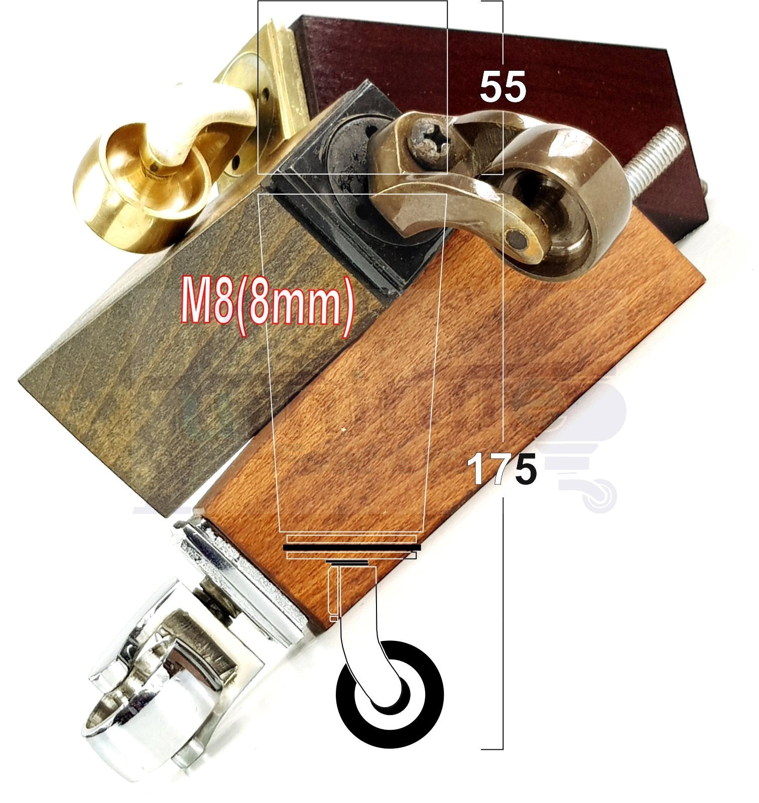 4x Solid Wood Furniture Legs Chair Sofa Bed Replacement Feet 175mm High With Chrome Castors 8mm Thread