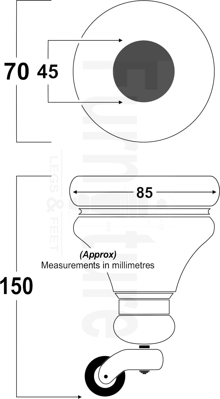 Set Of 4 Turned Furniture Wood Feet With Chrome Castors 150mm Sofas Chairs Settee Cabinets Beds M8(8mm)