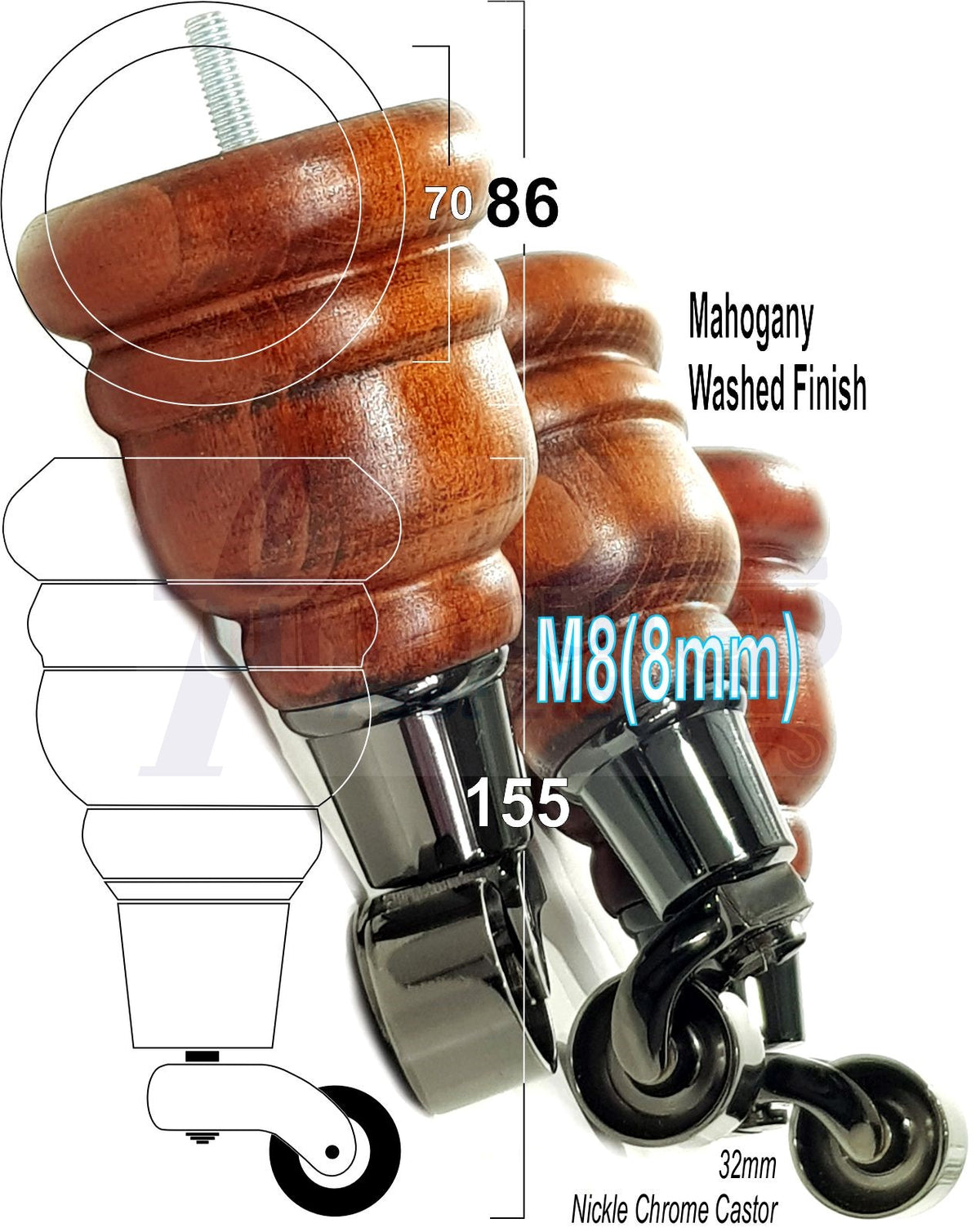 4 Turned Wooden Replacement Furniture Legs with Castors 6 Inch 155mm High Sofa Feet M8 Dowl Fixing - Black Castor