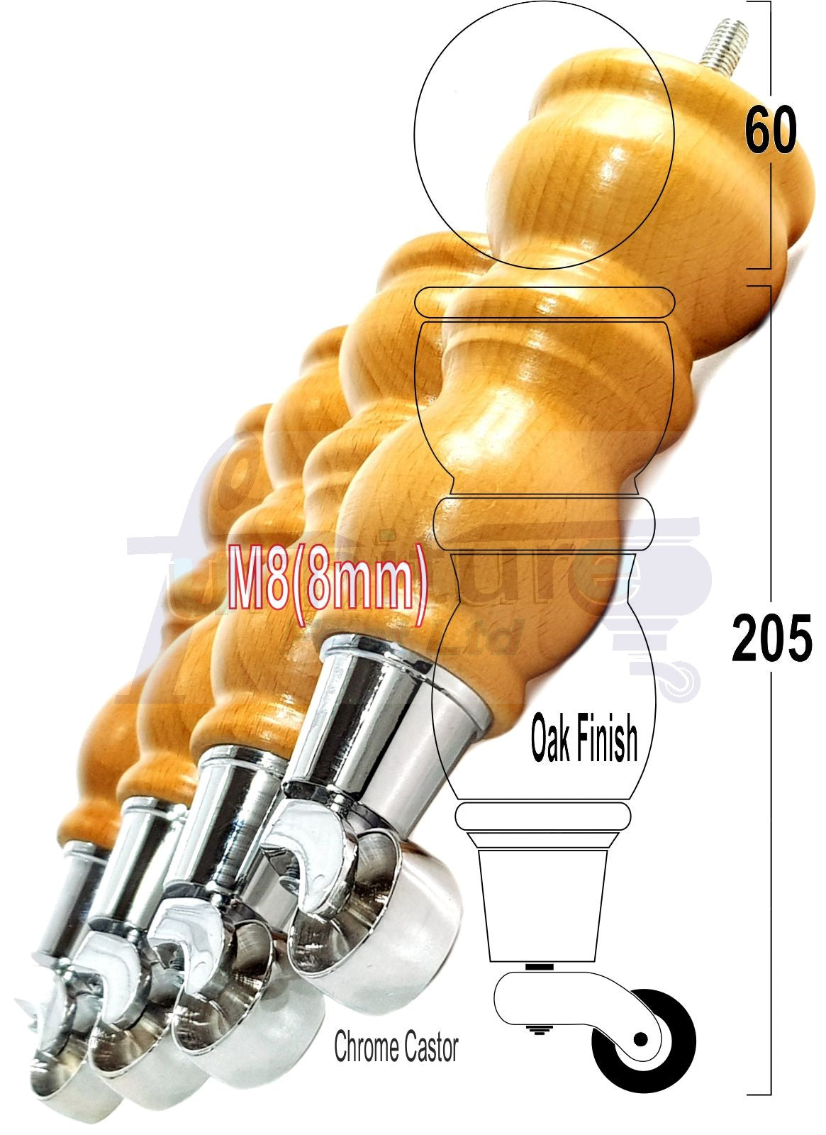Solid Wood Furniture Feet With Castors Set of 4 Legs 205mm High For Sofas Chairs Stools Cabinets & Beds M8