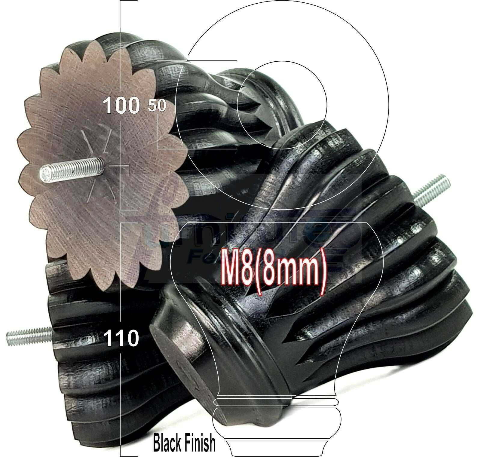 4 Grooved Replacement Furniture Bun Feet Multiple Colours Turned Wooden Legs 110mm High Settee Chairs Sofas Footstools Cabinets M8