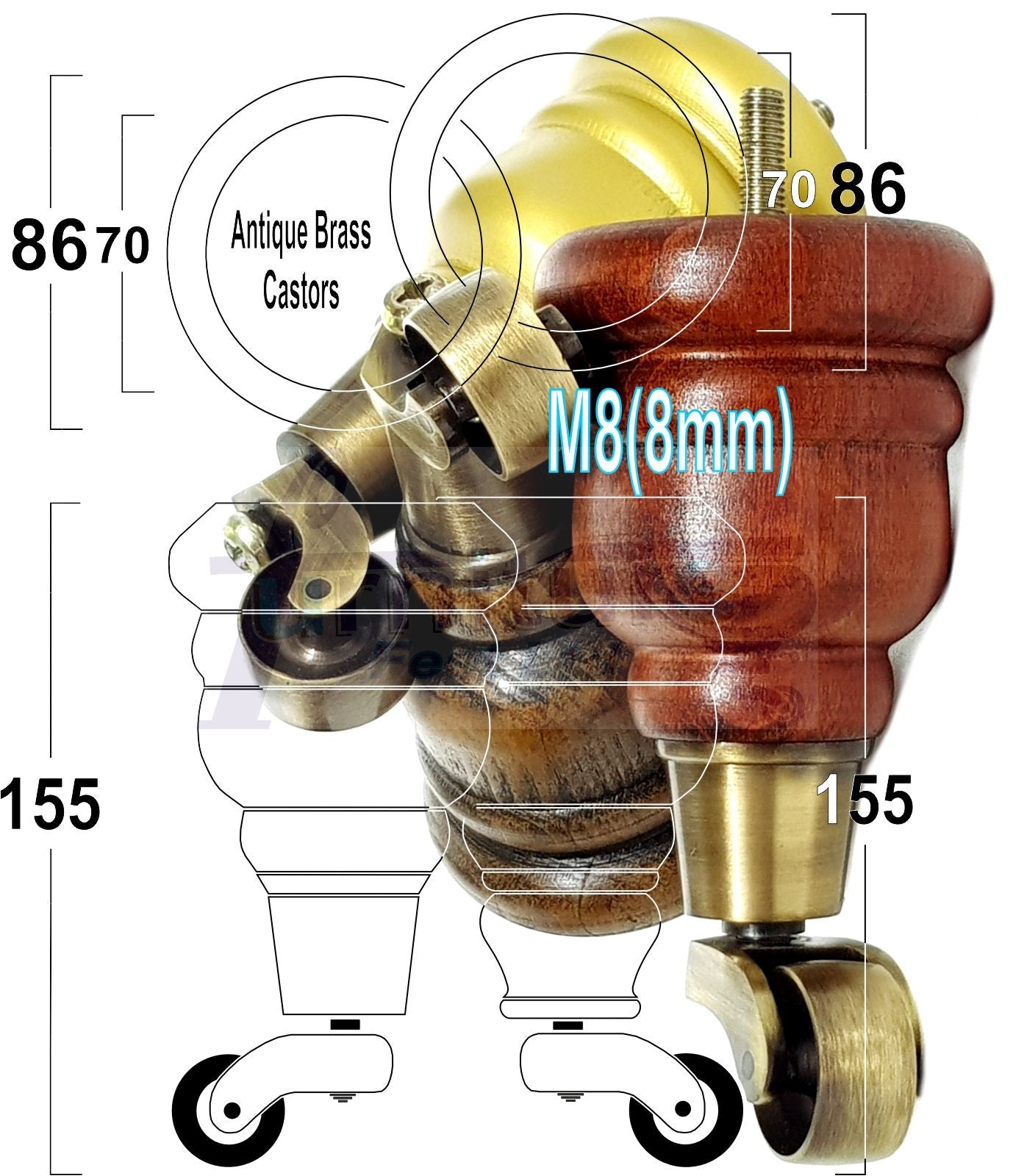 4 Turned Wood Furniture Feet With Antique Brass Castors 155mm Legs Sofas Chairs Stools Cabinets Beds M8 6 Inches