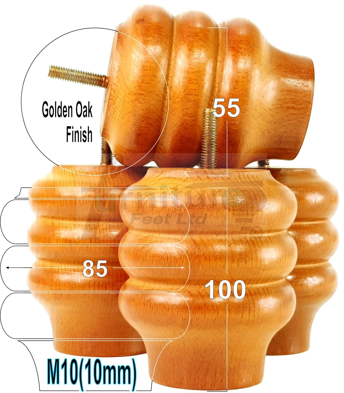 4 Solid Wood Turned Furniture Legs Replacement Bun Feet 100mm High 10mm Thread