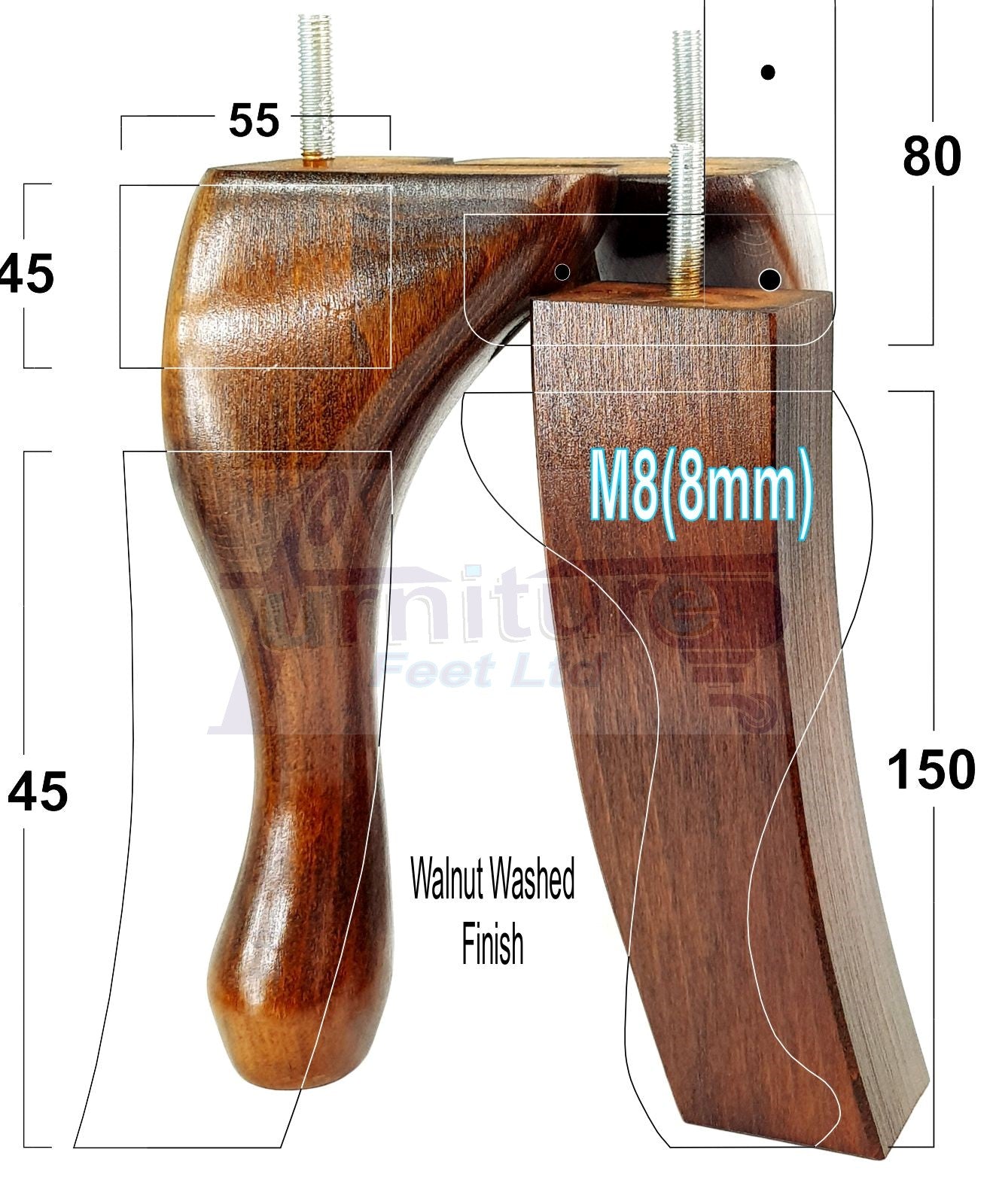 2x Vintage Queen Anne Replacement Furniture Legs & 2x Curved Back Feet 150mm 6 Inch High 8mm Thread
