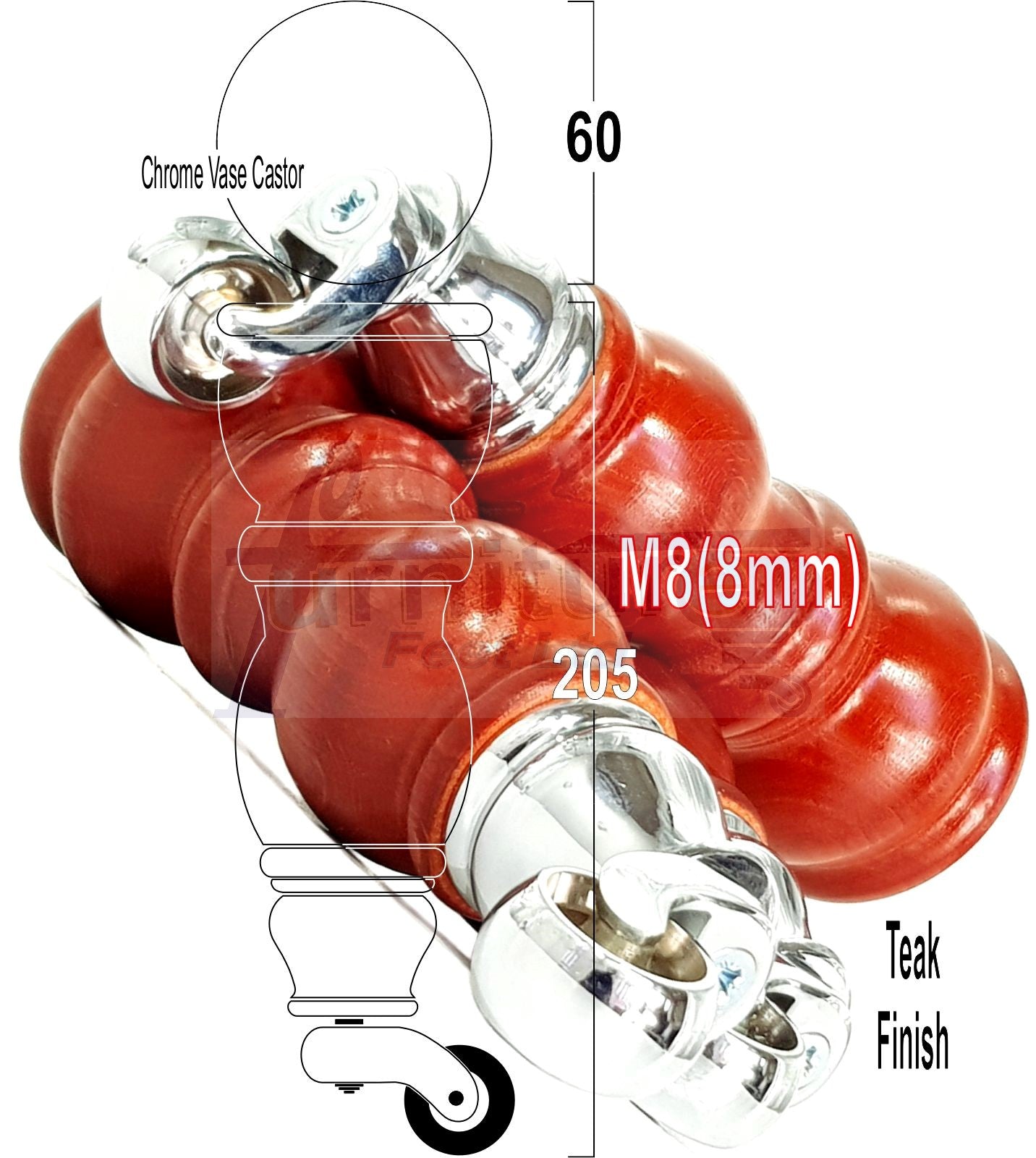 Solid Wood Furniture Feet With Castors Set of 4 Legs 205mm High For Sofas Chairs Stools Cabinets & Beds M8