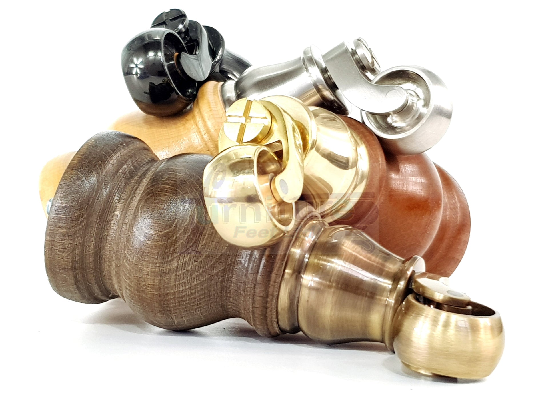 Set Of 4 Turned Wood Furniture Legs With Antique Castor 140mm High M8(8mm) For Chairs Settees & Cabinets