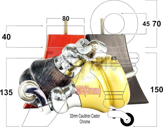 Turned Wood Furniture Feet 2 With Chrome Castors 150mm & 2 Curved Back Legs Sofas Chairs Cabinets Beds M8