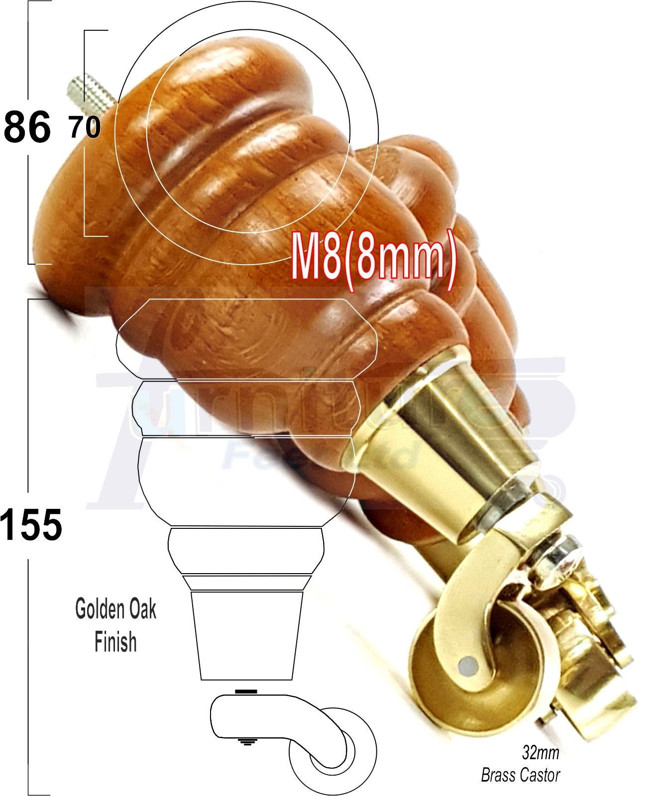 4 Turned Wood Furniture Feet With Brass Castors 155mm Legs Sofas Chairs Stools Cabinets Beds M8 6 Inches