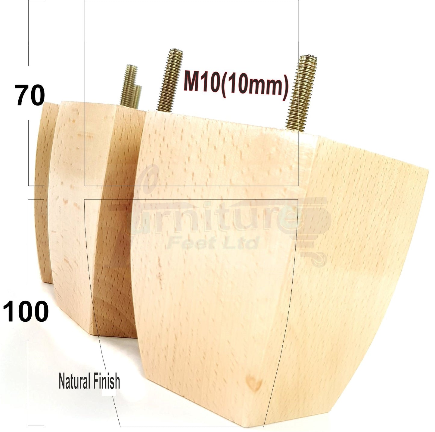 Set Of 4 Square Block Solid Wood Furniture Feet Replacement Legs 100mm High M10 Thread