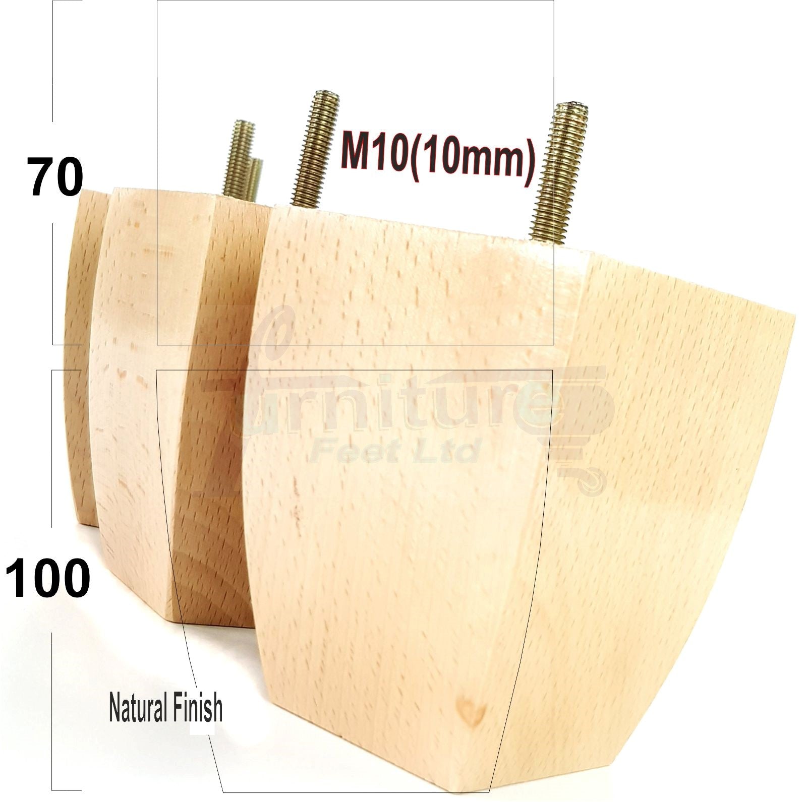 Set Of 4 Square Block Solid Wood Furniture Feet Replacement Legs 100mm High M10 Thread
