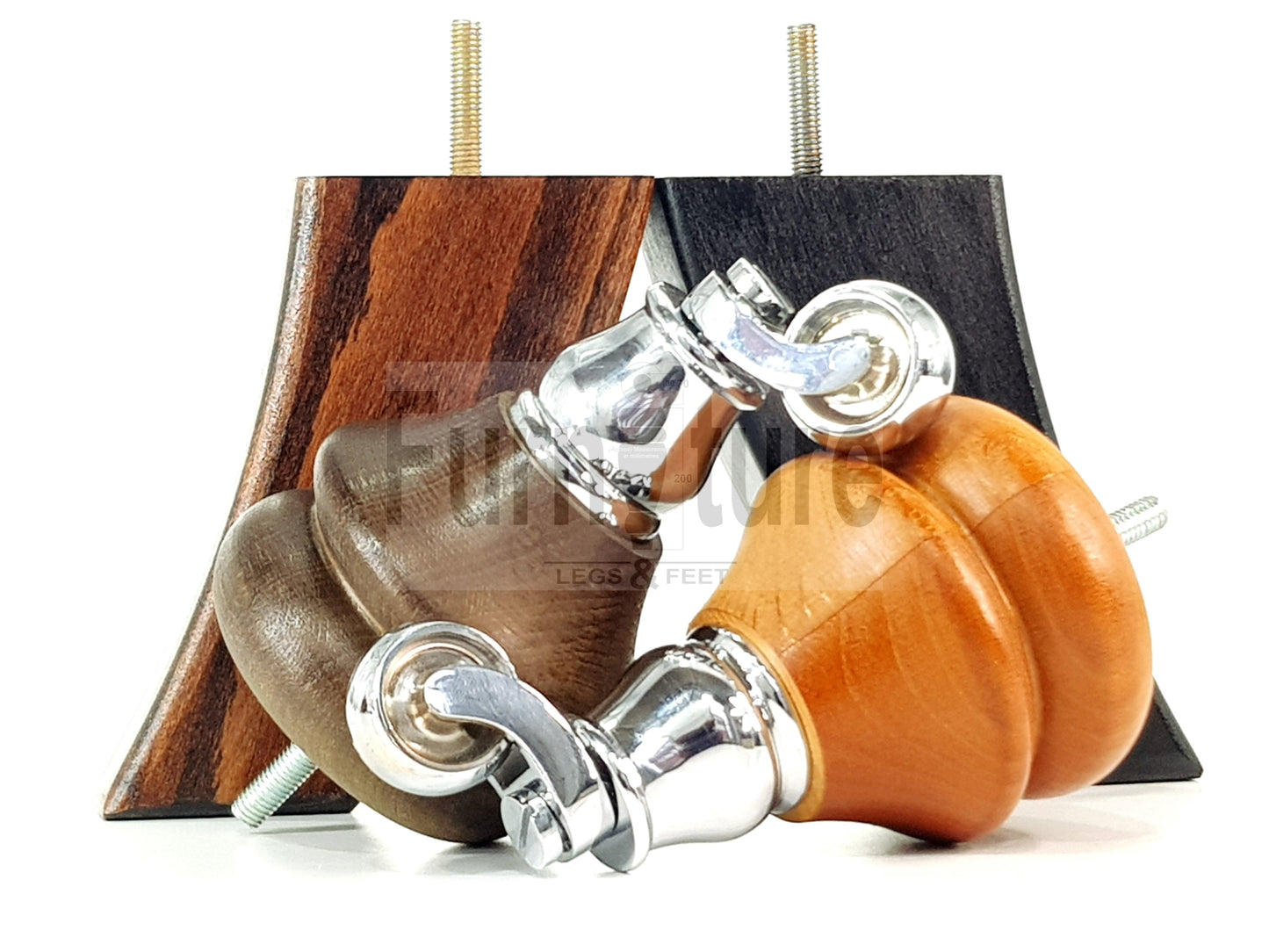 Turned Wood Furniture Feet 2 With Chrome Castors 140mm & 2 Curved Back Legs Sofas Chairs Cabinets Beds M8