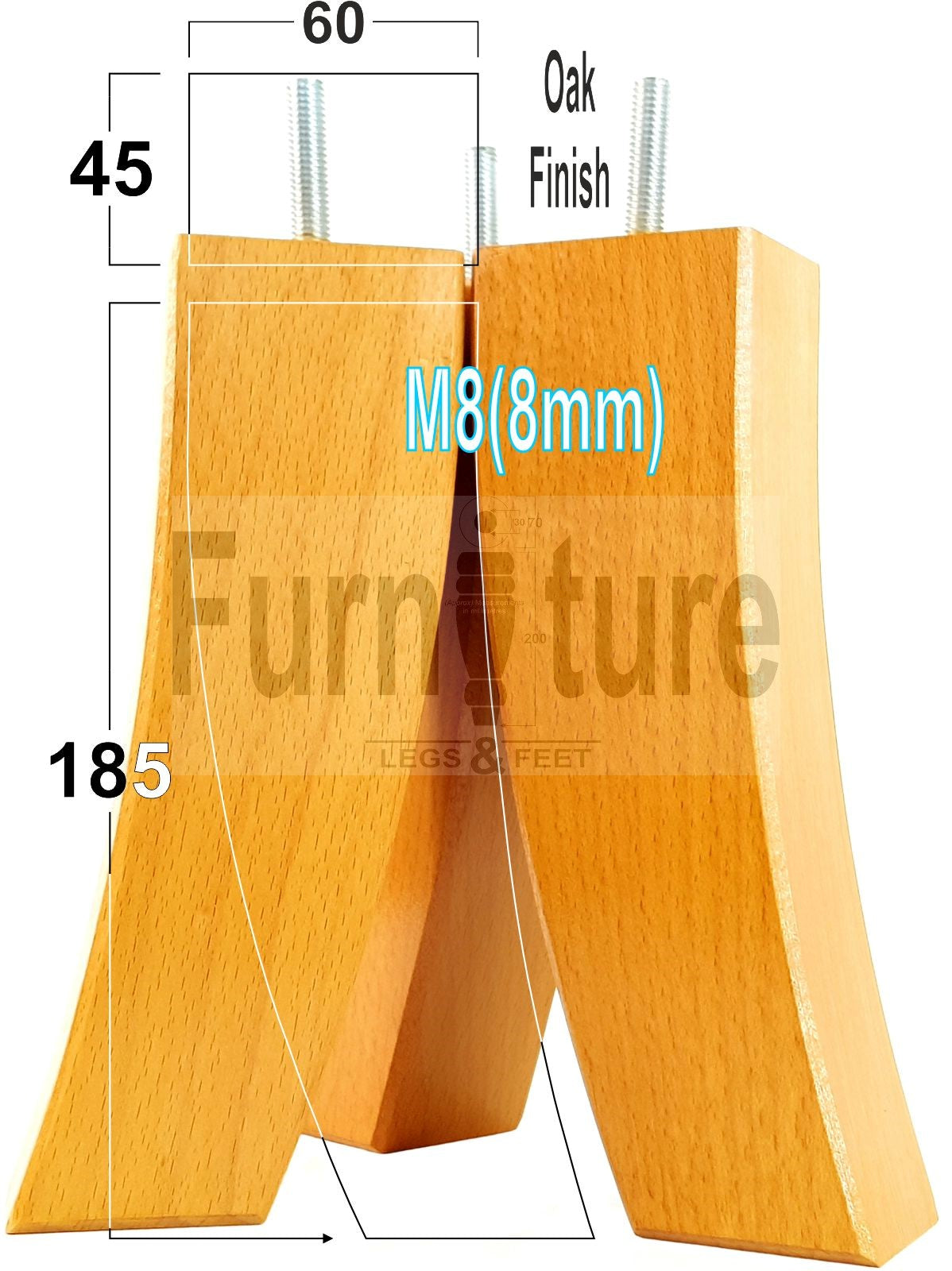 Set Of 4 Solid Wood Curved Furniture Feet Replacement Legs 185mm High M8(8mm)
