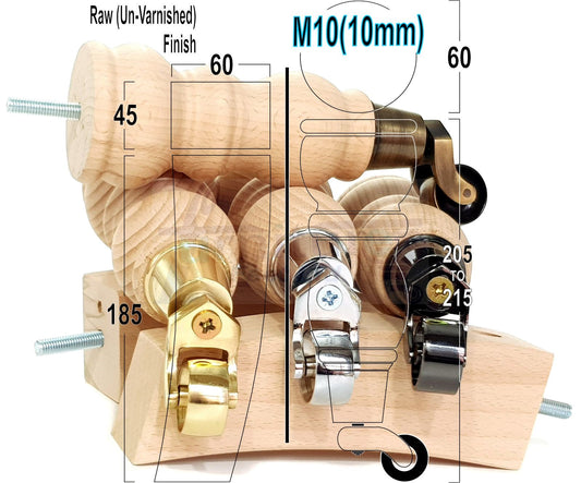 2x Wood Furniture Castor Settee Feet & 2x Curved Legs 10mm Thread 205mm High Raw (Un-Varnished) For Sofas Chairs Stools Cabinets & Beds