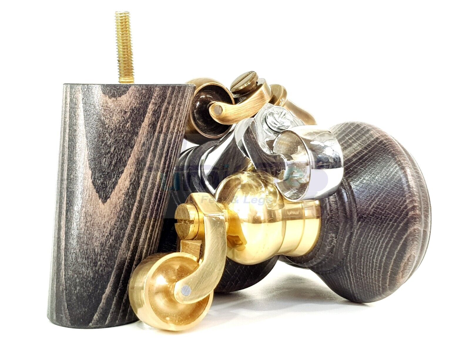 2 Black Washed Wood Furniture Sofa Legs With Castor 125mm & 2 Angled Back Feet Chair Settee 100mm High M8