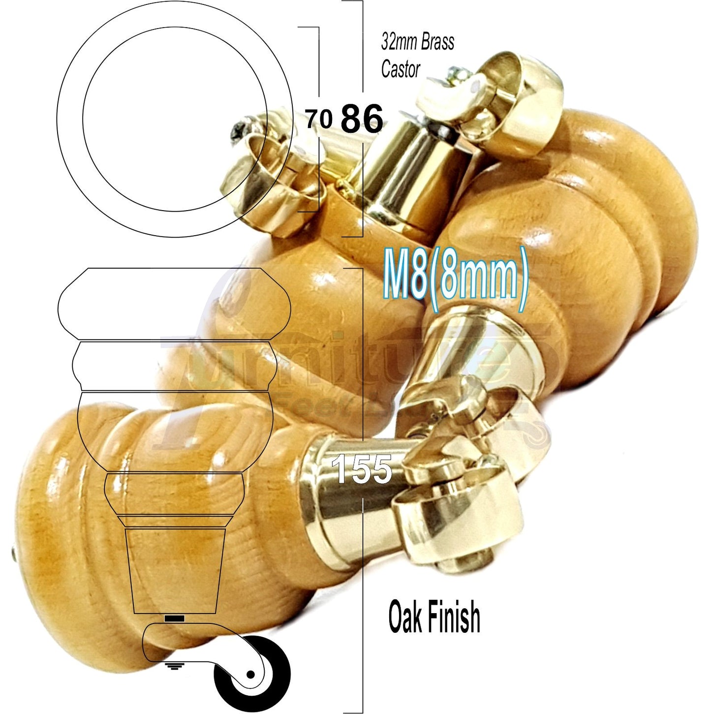 4 Turned Wood Furniture Feet With Brass Castors 155mm Legs Sofas Chairs Stools Cabinets Beds M8 6 Inches