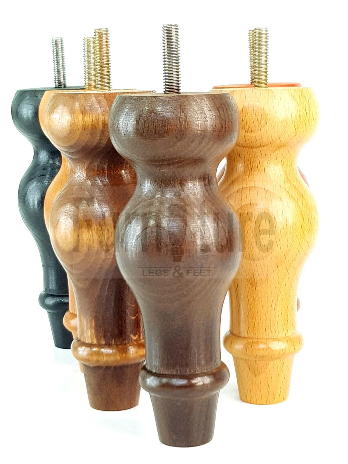 Set Of 4 Solid Wood Turned Furniture Feet Replacement Legs 150mm High 8mm Thread