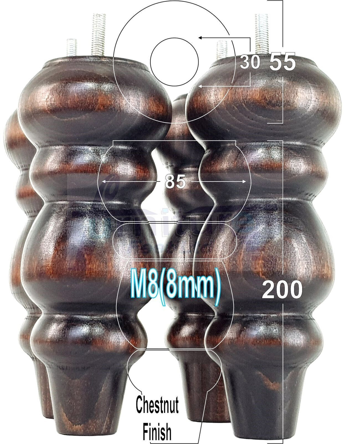 4 Solid Wood Furniture Legs Replacement Turned Chair Feet 200mm High M8 Threaded Dowl