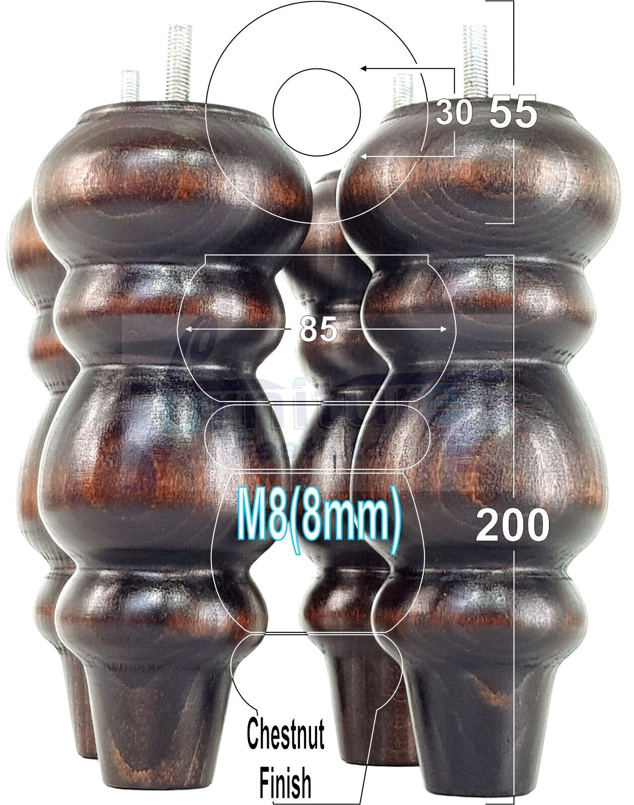 Solid Wood Furniture Feet Replacement Turned Legs 200mm High Chairs Stools Sofa's Beds Settee Cabinets M8 Various Colours Set of 4