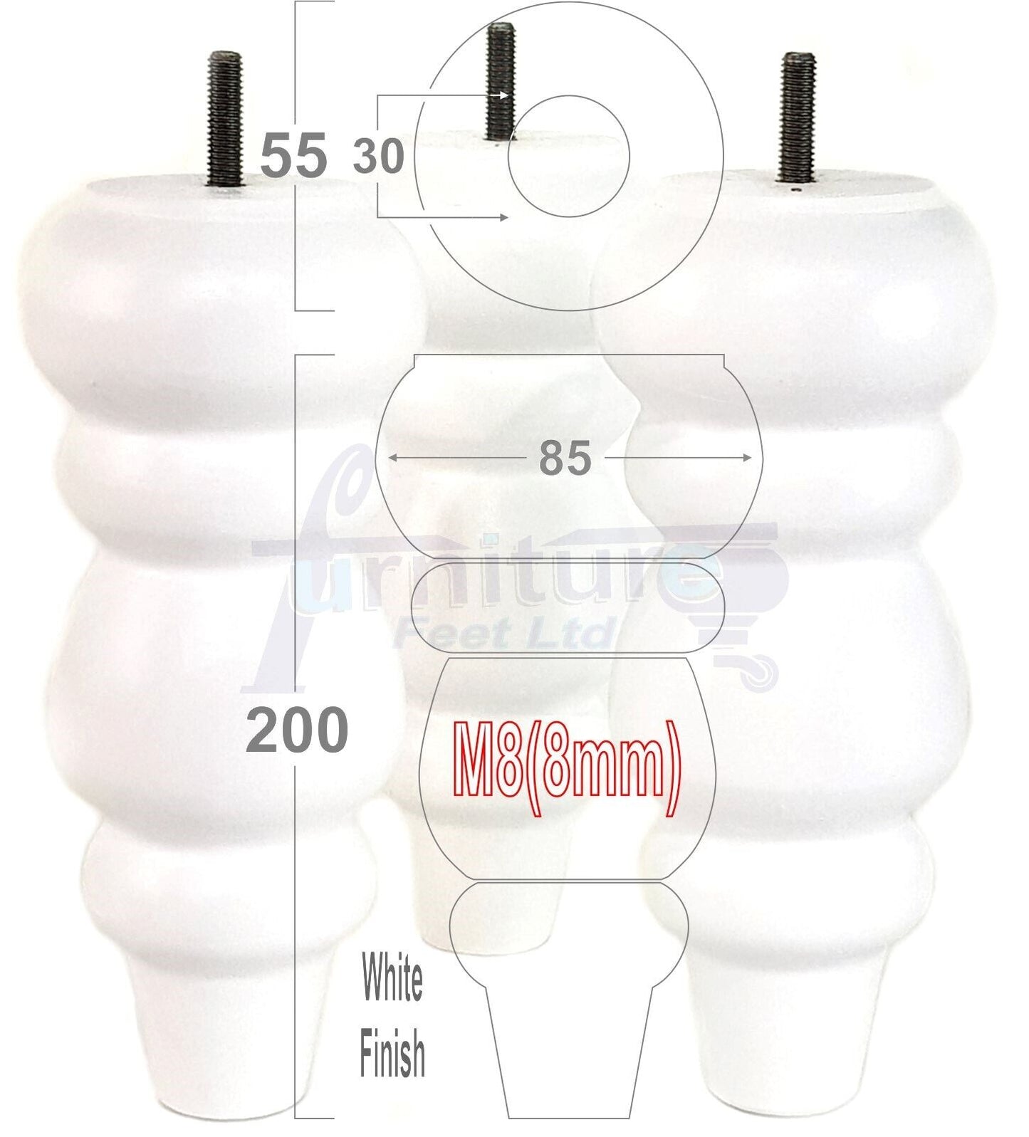 Solid Wood Furniture Feet Replacement Turned Legs 200mm High Chairs Stools Sofa's Beds Settee Cabinets M8 Various Colours Set of 4