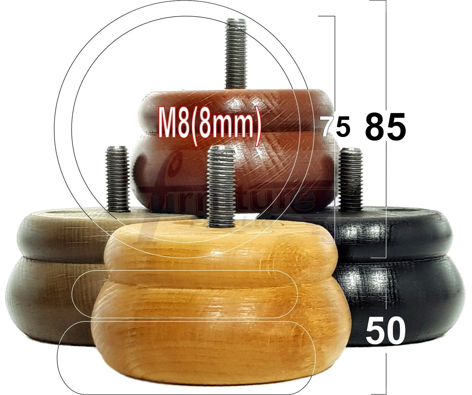 Set Of 4 Turned Wooden Furniture Legs Replacement Bun Feet 50mm High 8mm Thread