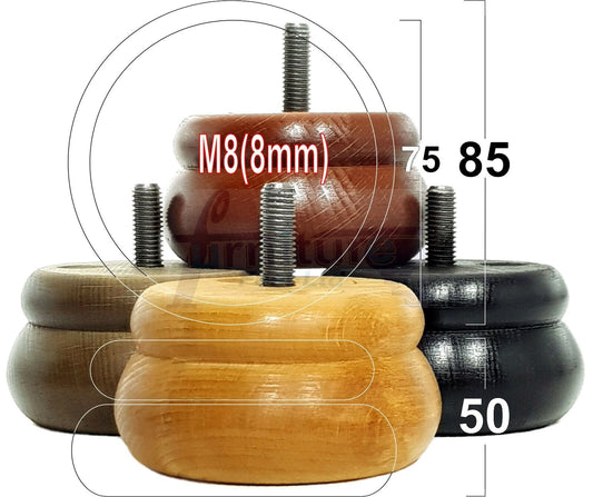 Set Of 4 Turned Wooden Furniture Legs Replacement Bun Feet 50mm High 8mm Thread