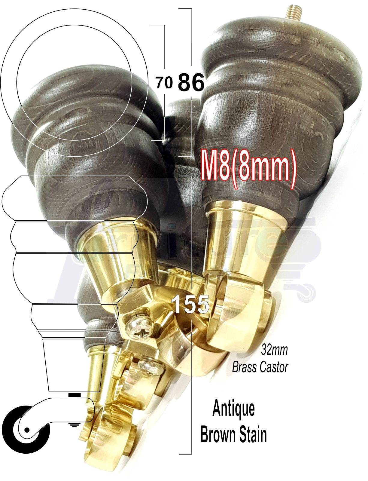 4 Turned Wood Furniture Feet With Brass Castors 155mm Legs Sofas Chairs Stools Cabinets Beds M8 6 Inches